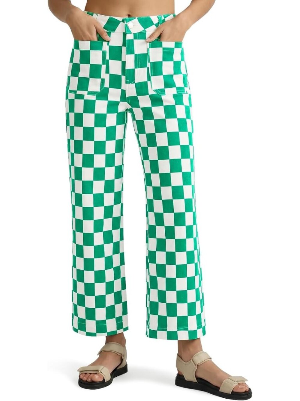 Women's Checkered Green Cropped Striped Jeans High Waisted Wide Leg Denim Pants